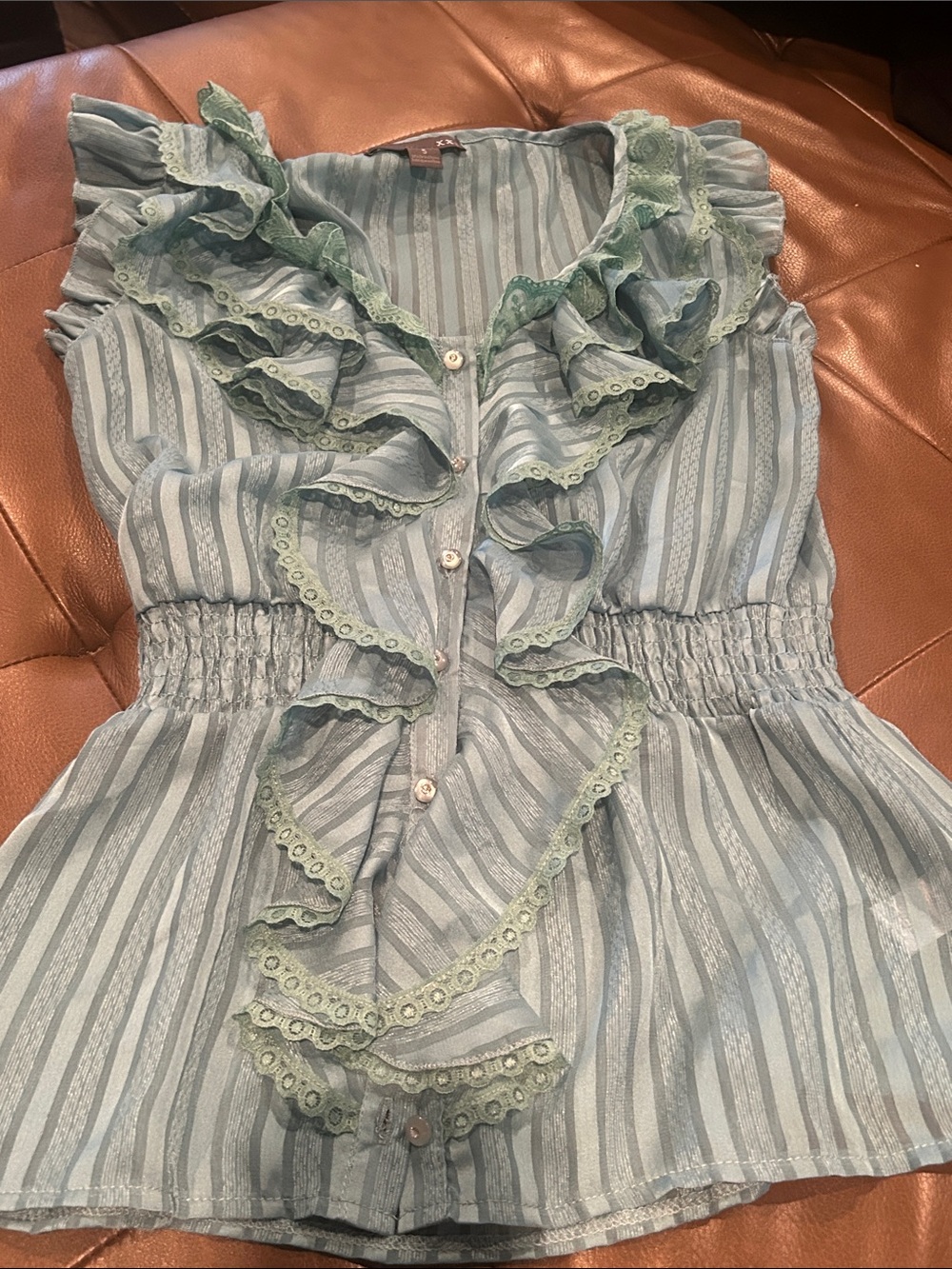 Forever 21 Light Blue and Mint Striped Ruffle Button-Up Top